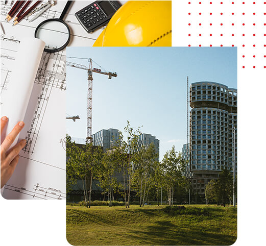 Imagem de prédio e desenhos de engenharia